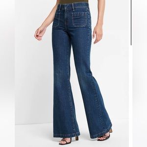 Express Mid Rise Dark Wash Patch Pocket 70’s Flare Jeans